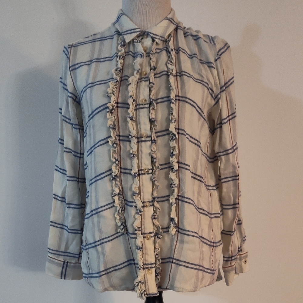 Pilcro Cream and Blue Long Sleeve Ruffled Blouse size small